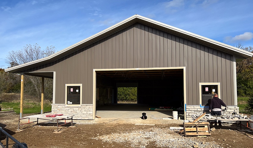 post-frame building construction in progress